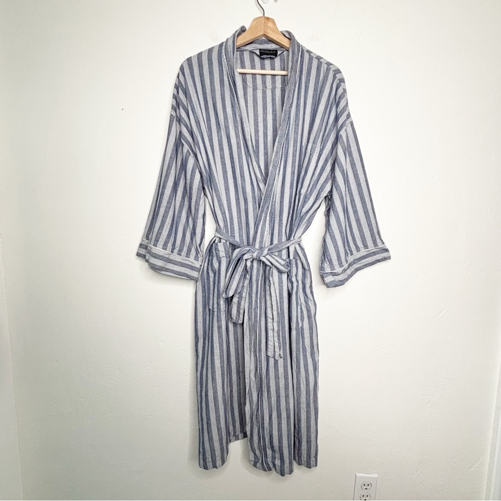 Vintage Christian Dior Monsieur Blue White Striped Cotton Robe Loungewear OS EUC